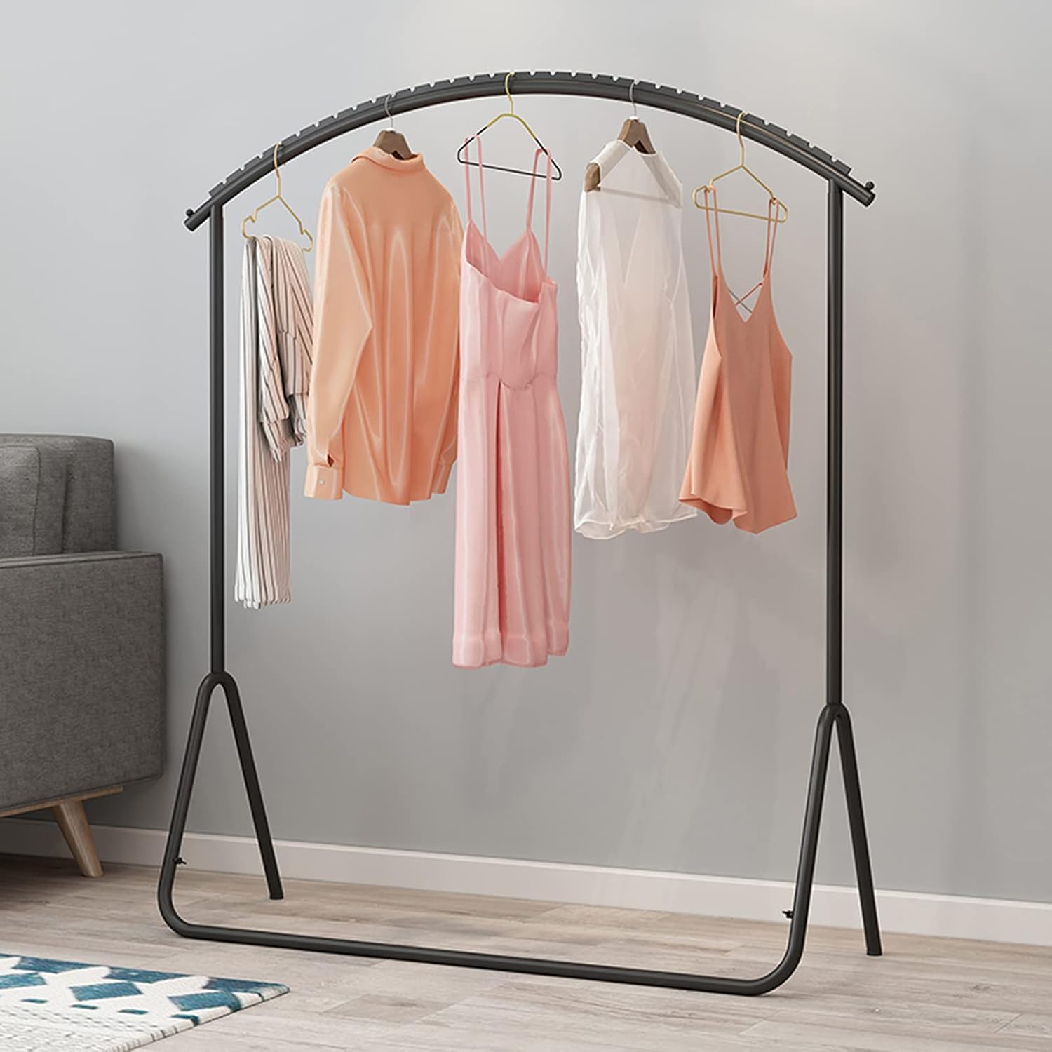 Floor-Standing Garment Rack - Heavy Duty Metal Clothes Rail with Curved Hanging Rod, Perfect for Coat & Drying - Stylish Black 100x40x130CM