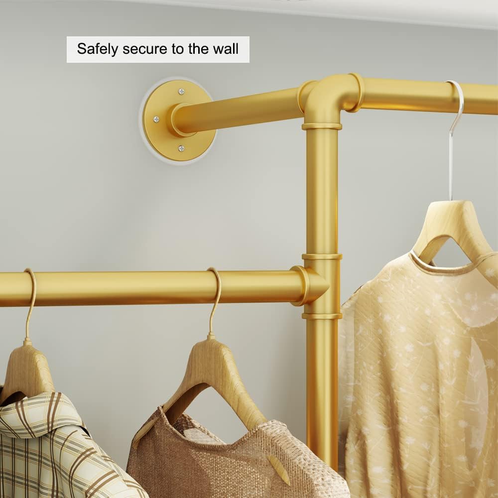 KaKaBB Gold Pipe Clothing Rack, Double Hanging Rods Clothes Rack with Shelves, Heavy Duty Wall Mounted Clothes Rack for Wardrobe, Bedroom, and Walk-in Closet System(Gold)