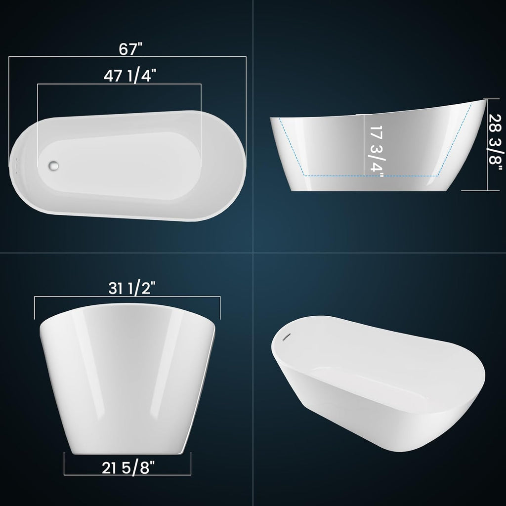 67' Acrylic Freestanding Bathtubs Contemporary Soaking Tub,High-back Acrylic Bath Tub with Chrome Overflow and Toe-Tap Drain, cUPC Certified,Glossy White