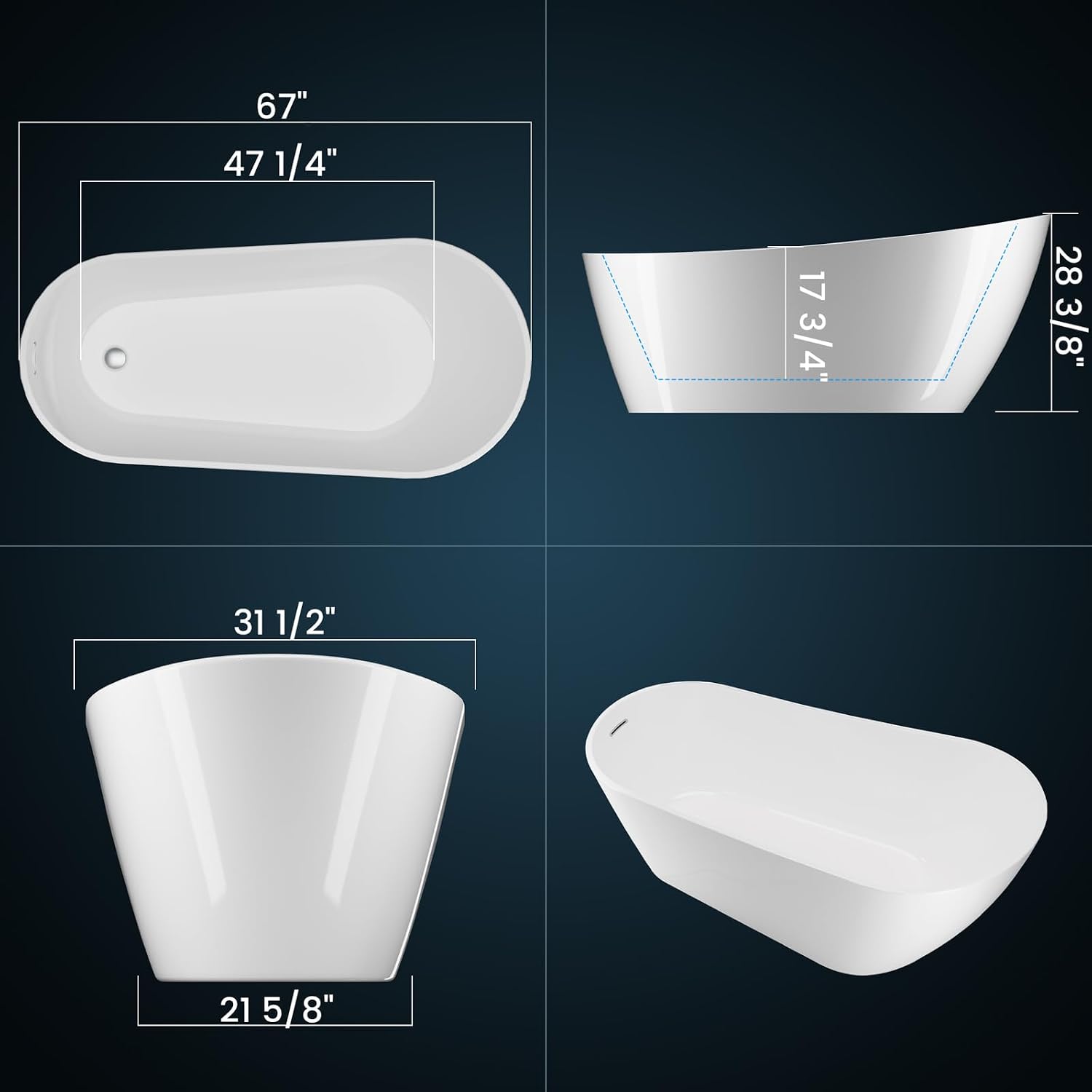 67' Acrylic Freestanding Bathtubs Contemporary Soaking Tub,High-back Acrylic Bath Tub with Chrome Overflow and Toe-Tap Drain, cUPC Certified,Glossy White