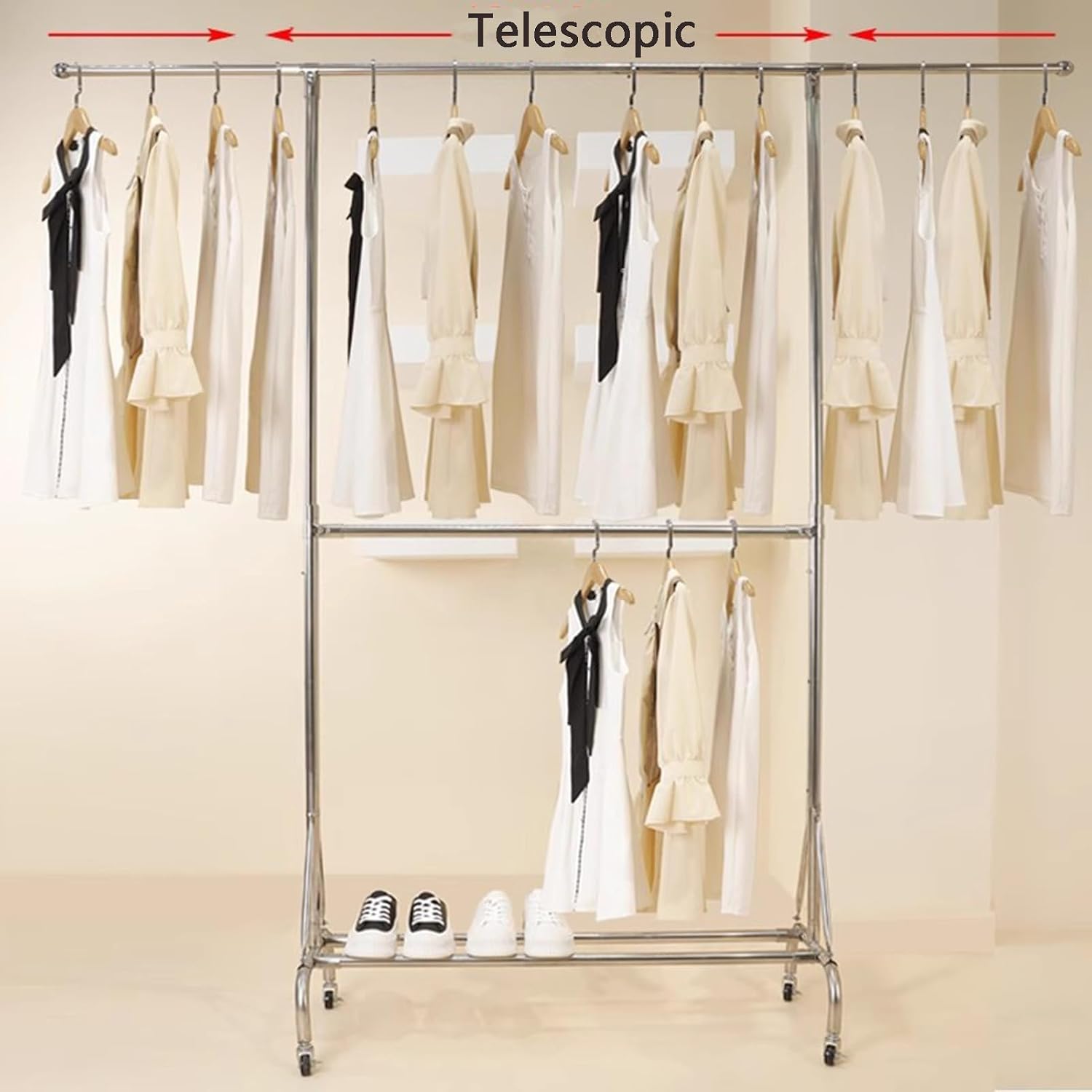 Heavy Duty Coat Rack, Garment Rack Double Rod Clothing Racks On Wheels, Silver Stainless Steel Clothes Rail, Extendable Hanging Rail, Adjustable Height, Portable Clothes Organizer for Bedroom