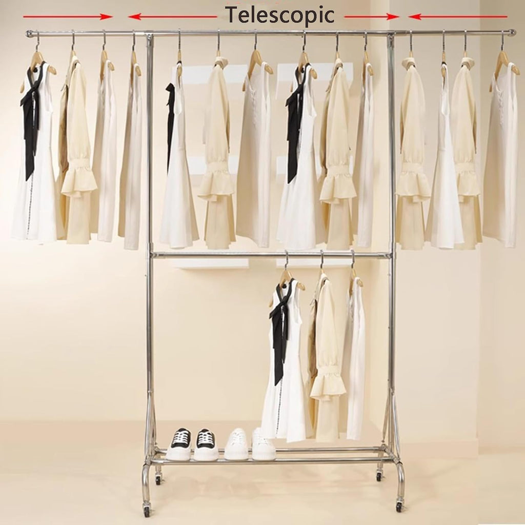Heavy duty Garment rack Double Rod Clothing Racks On Wheels, Silver Stainless Steel Clothes Rail, Extendable Hanging Rail, Adjustable Height, Portable Clothes Organizer For Bedroom, Loads 280LBS