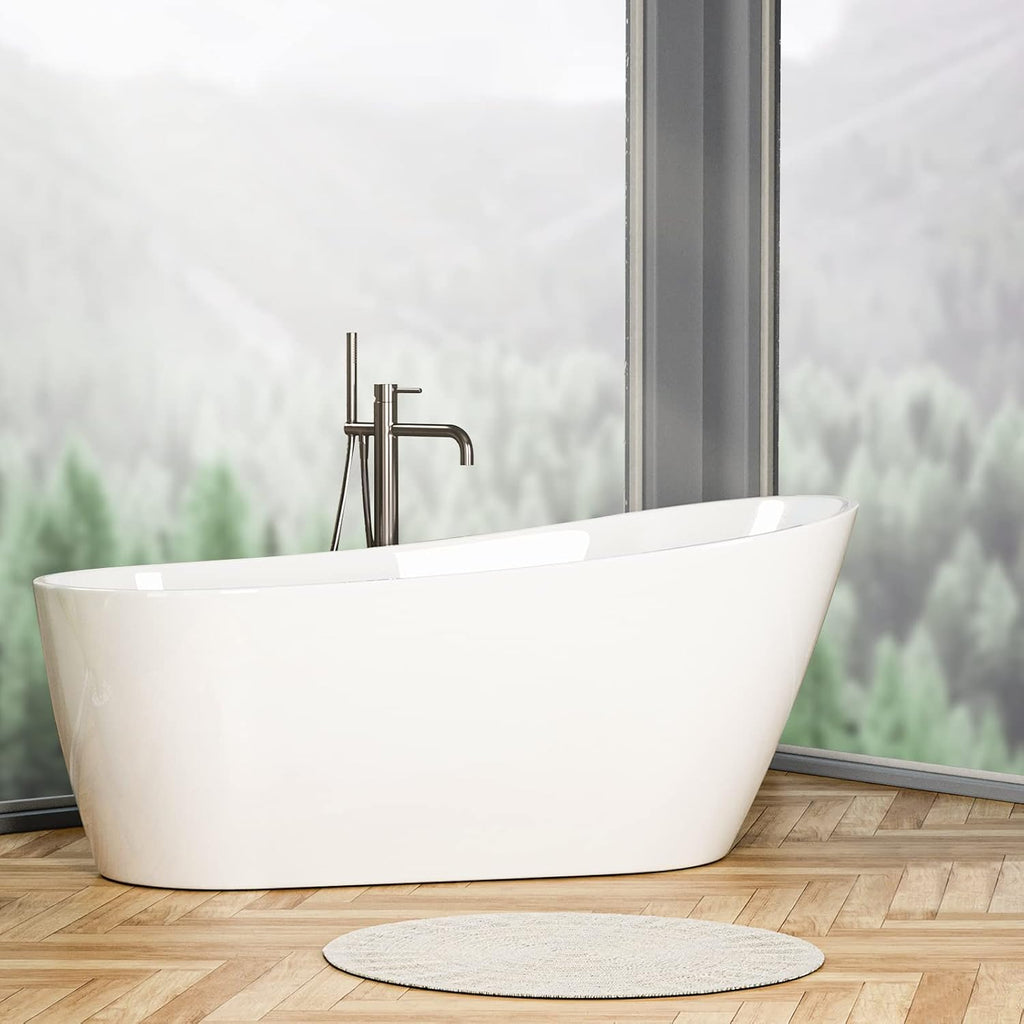 Zevemomo 59 inch Freestanding Bathtub with Non-slip Bottom Design, Acrylic Free Standing Soaking Bathroom Tub with Brushed Nickel-Finished Overflow and Anti-Clogging Drain, White