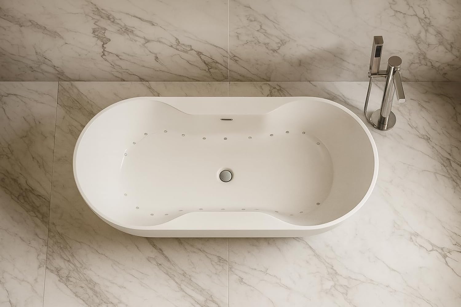 Carver Tubs - Harmony II 67' - Freestanding Bathtub With Heated Jetted Air Massage Chrome Drain & Center Slotted Overflow Included, White Contemporary Modern Oval Tub - 67'L x 34'W x 23.75'H