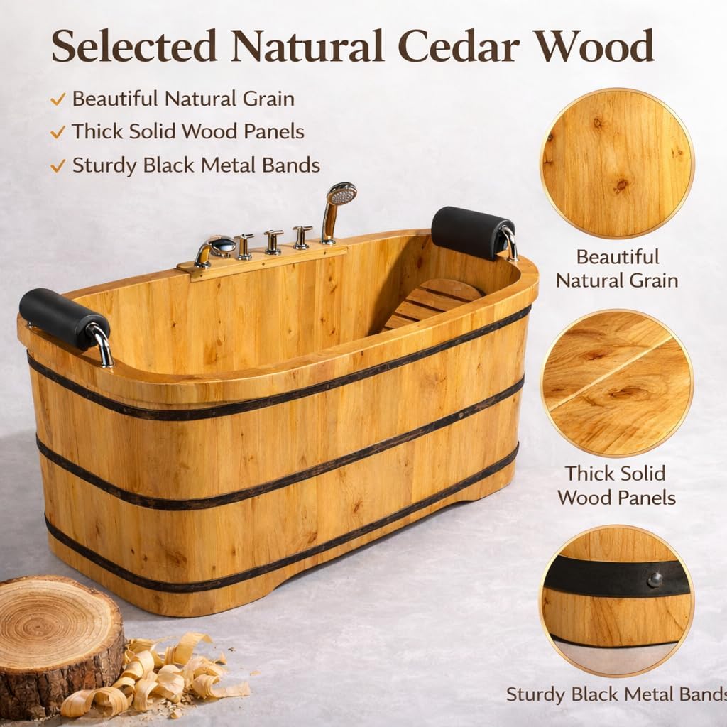 OGOLUOG Cedar Wood Soaking Tub Freestanding Wooden Bathtub with Adjustable Seat Backrest and Headrest, Adult Spa Bath Tub 47.2'–63' for Home Bathroom (NW, 55')