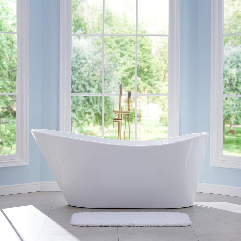 WELLFOR 67' Freestanding Bathtub, 71 Gallons Capacity, Acylic Soaking Bath Tub with Chrome Bathtub Drain and Groove Overflow, Freestanding Soaking Tub Sutiable for 1 Person, Glossy White