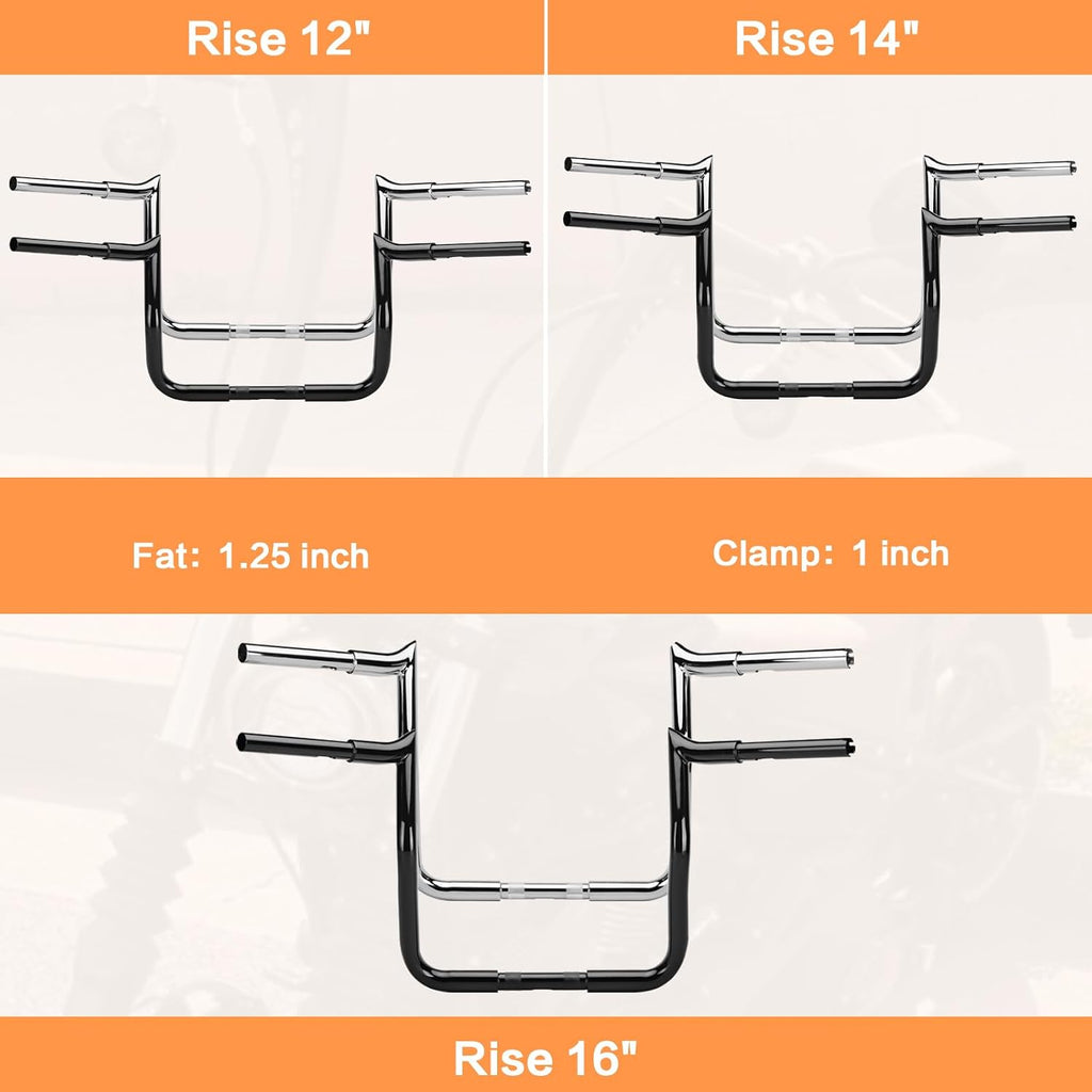 12' Rise Ape Hanger Handlebar 1.25' Fat 1' Clamp Handle bar Motorcycle Miter Meathook Bars Replacement for Harley Touring Model 1986-2023 Street Glide Electra Glide Classic Ultra Limited