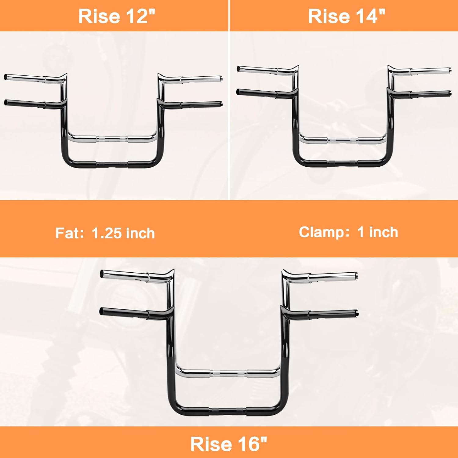 12' Rise Ape Hanger Handlebar 1.25' Fat 1' Clamp Handle bar Motorcycle Miter Meathook Bars Replacement for Harley Touring Model 1986-2023 Street Glide Electra Glide Classic Ultra Limited