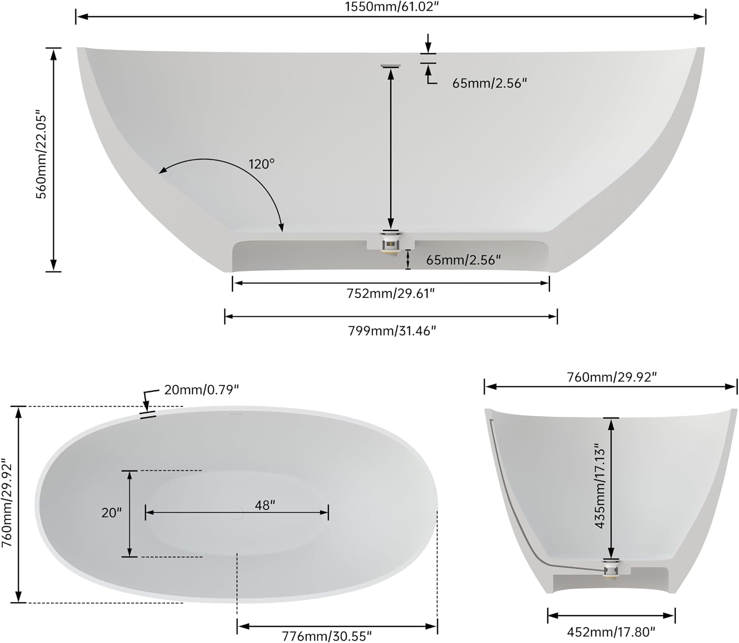 61' Premium Solid Surface Freestanding Soaking Bathtub,Oval Shape Stone Resin Tubs with Overflow and Pop-up Drain, Matte White
