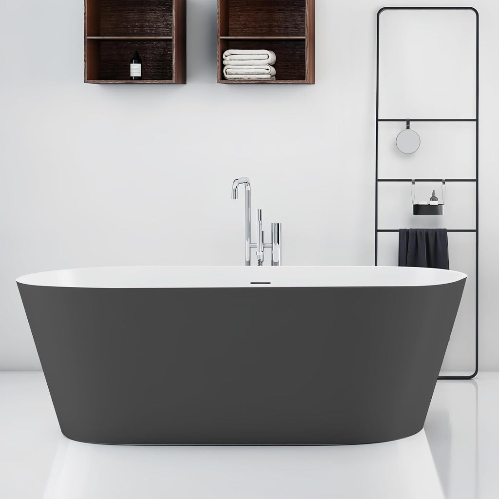 67' Edeyeu Freestanding Bathtub – Color Solid Surface Bathtub With Modern Finish, Extra Deep Soaking Tub, Luxury Stand Alone Free Standing Tub For Contemporary Bathroom Design Gray B