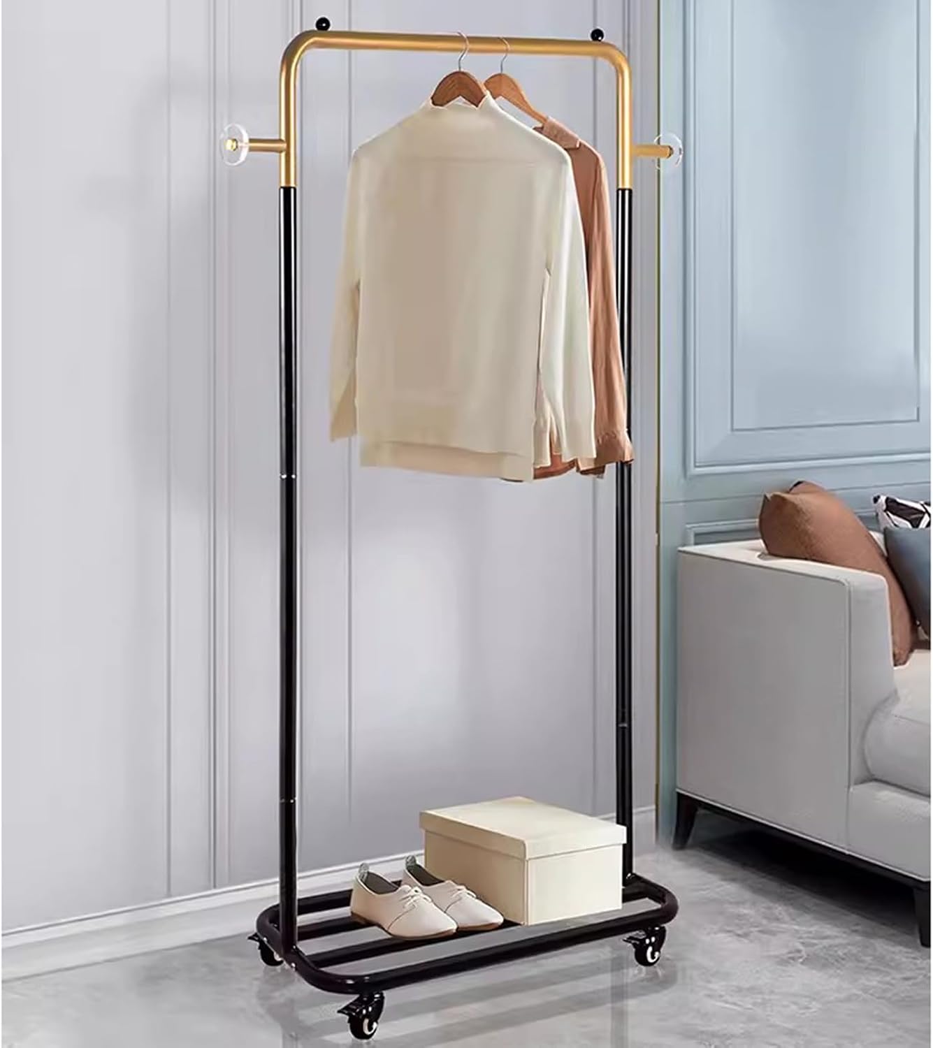 Garment Racks Metal Clothes Rack with Wheels, Clothing Rack with Bottom Storage Shelf,Heavy Duty Rolling Garment Rack for Hanging Clothes,Coats,Skirts,Gold+Black(Size:58X32X165CM)