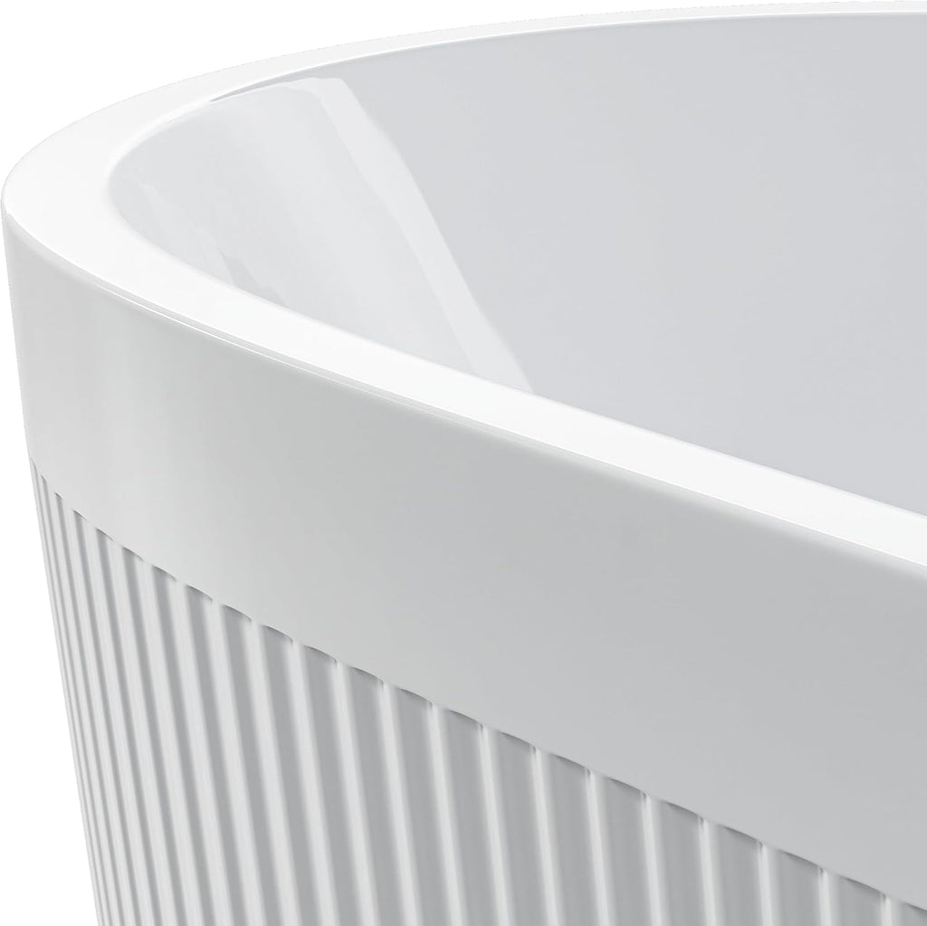 59' Acrylic Freestanding Bathtub with Unique Pleated Design: Spacious Oval Shape, Gloss White Finish, Chrome Overflow & Pop-Up Drain