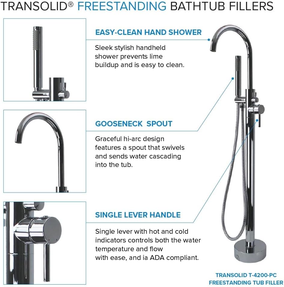 Transolid Skylar Freestanding Oval Soaking Bathtub Kit 59 in. x 31 in. Gloss White with Peyton T4240-MB Matte Black Floor-Mount Faucet, Color-Matched EZ-Click Center Drain and Bath Pillow