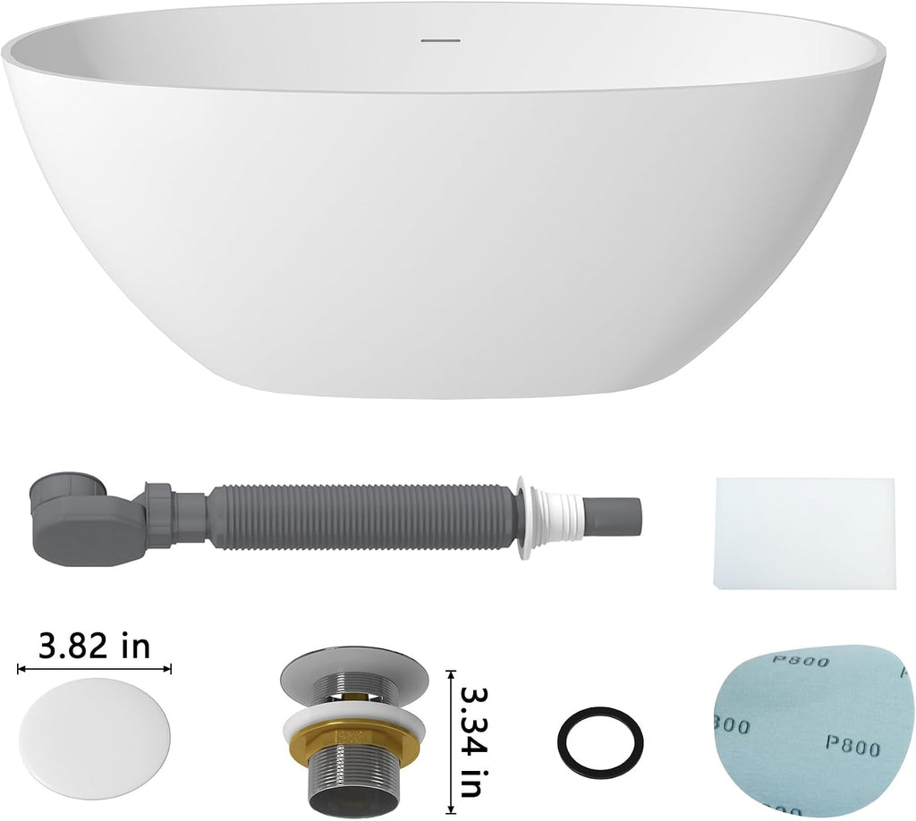 CASAINC 59'' Resin Stone Freestanding Bathtub, Matte White Soaking Bathtub Classic Oval Solid Surface Stand Alone Tub with Overflow and Pop-up Drain, Drain Hose & Sanding Paper
