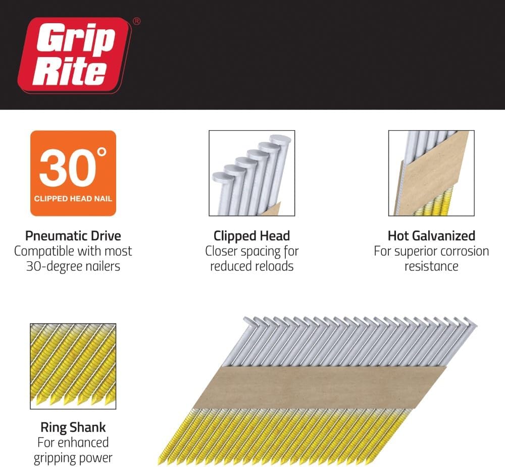Grip-Rite 30-Degree Framing Nails - Exterior Galvanized - Clipped Head - Paper Collated Nails for Exterior Framing - 3' x .120' - 4M Box (4000 Count) - GRSP10RHG4