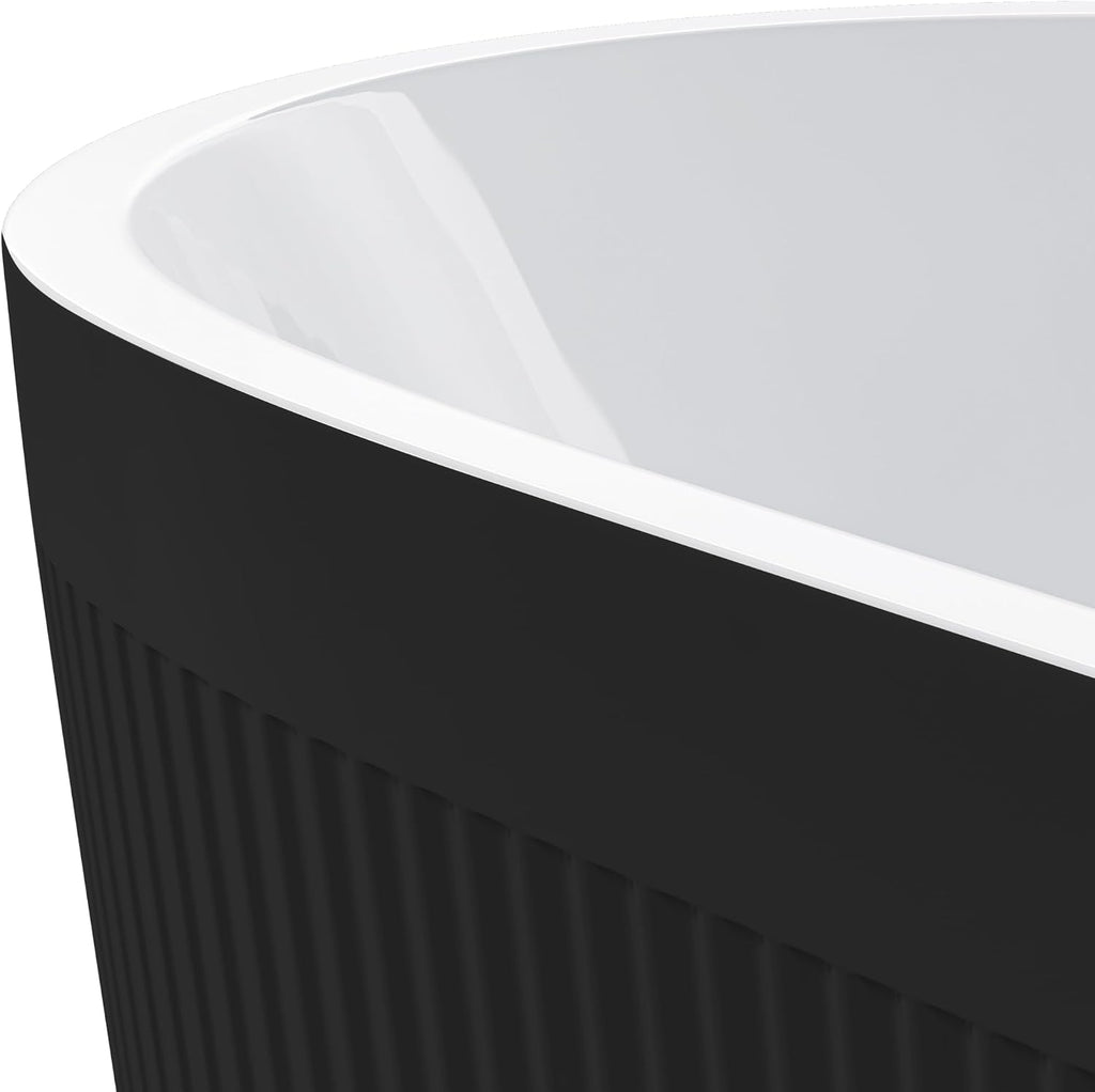 59' Acrylic Freestanding Bathtub with Unique Pleated Design: Spacious Oval Shape, Gloss Black Finish, Chrome Overflow & Pop-Up Drain
