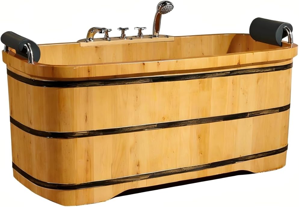OGOLUOG Cedar Wood Soaking Tub Freestanding Wooden Bathtub with Adjustable Seat Backrest and Headrest, Adult Spa Bath Tub 47.2'–63' for Home Bathroom (NW, 55')