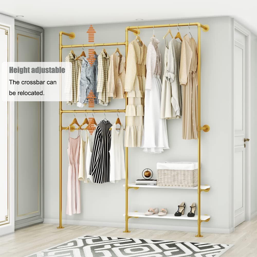 KaKaBB Gold Pipe Clothing Rack, Double Hanging Rods Clothes Rack with Shelves, Heavy Duty Wall Mounted Clothes Rack for Wardrobe, Bedroom, and Walk-in Closet System(Gold)
