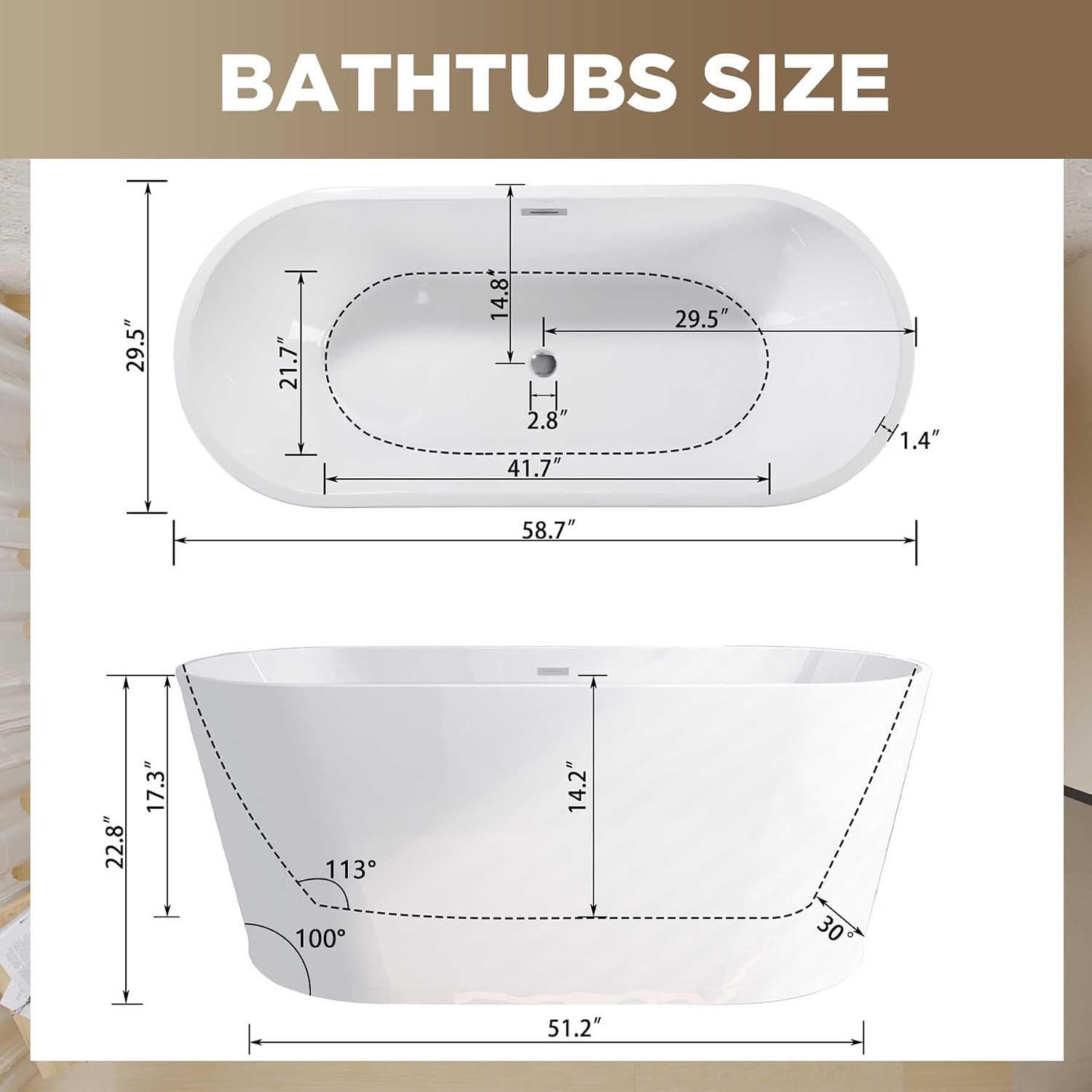 Acrylic Freestanding Soaking Bathtub with Toe-Tap Chrome Drain, Oval Stand Alone Tub, Ergonomic Soaking Tub (59')
