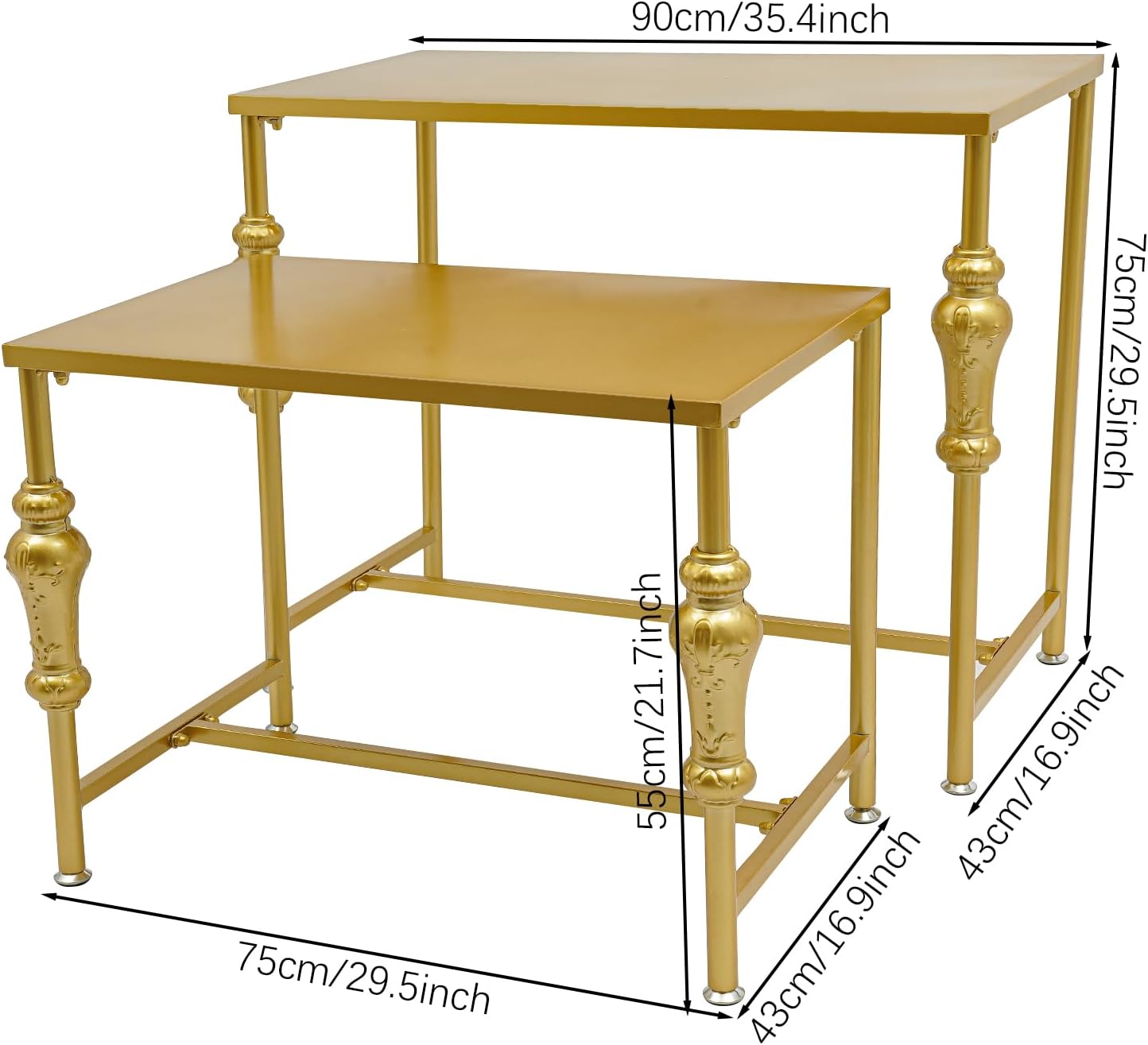 Industrial Retail Display Tables, Set of 2 Standing Clothing Shoes Display Rack, Heavy Duty Boutique Display Riser Storage Shelves, Garment Handbag Display Stand for Retail Clothing Store (Gold)