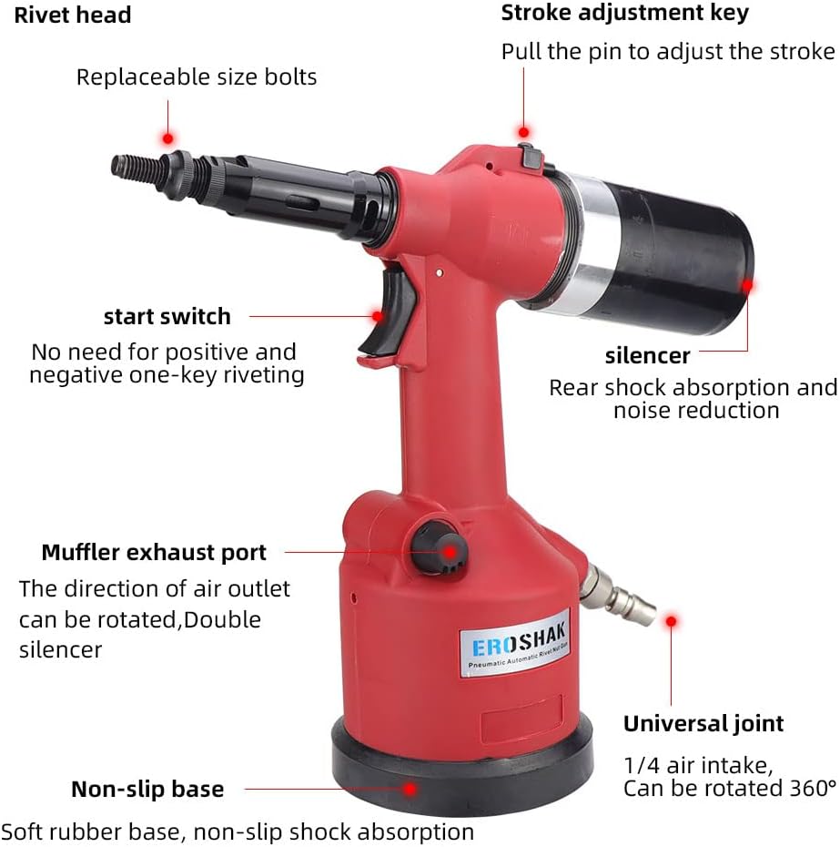 Industrial Hydraulic Pneumatic Riveter Automatic Air Rivet Nut Gun Tool Setting Kit Rivnut Riveting，with Metric & SAE Mandrels (8 Size)