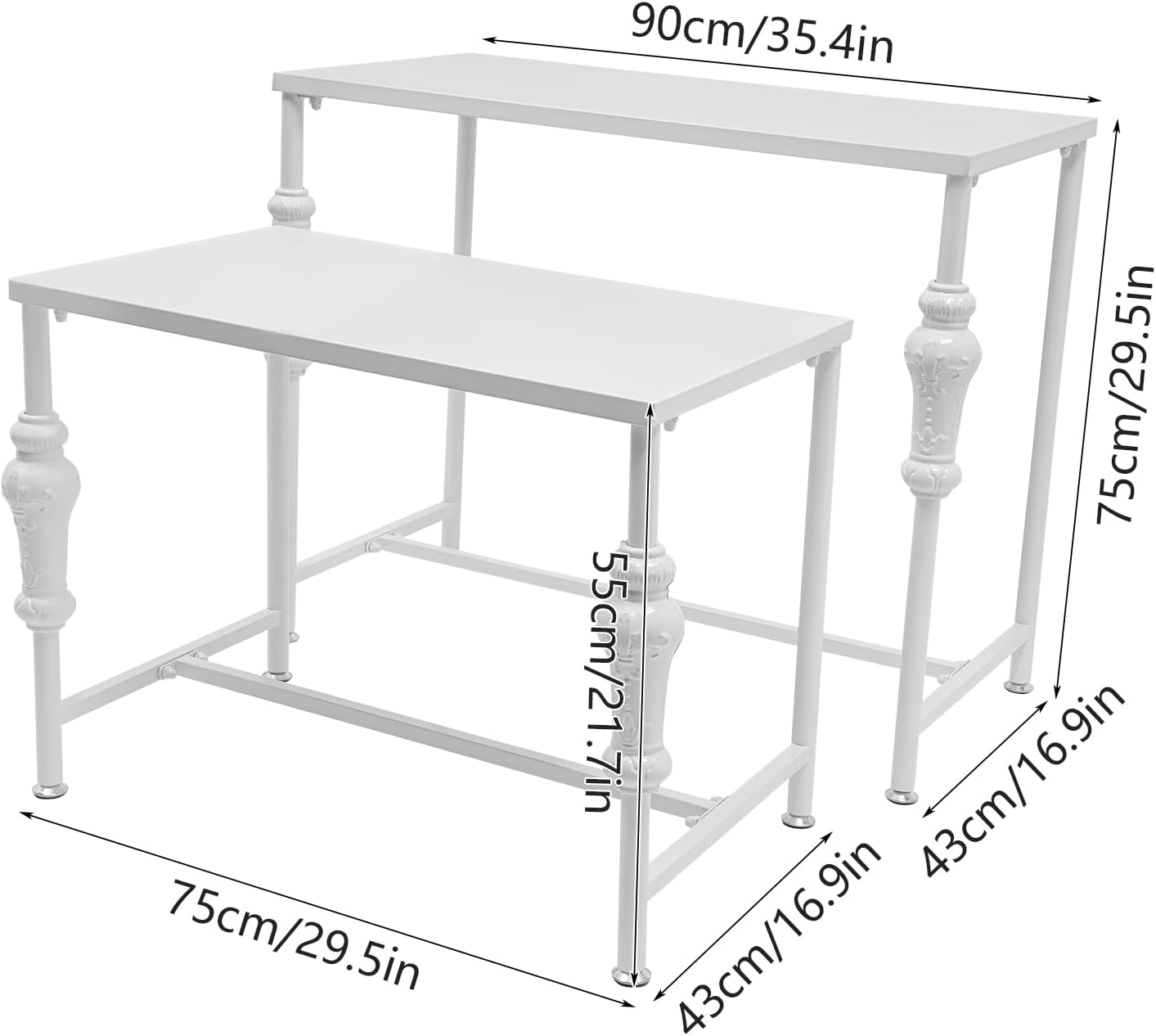 Industrial Retail Display Tables, Set of 2 Standing Clothing Shoes Display Rack, Heavy Duty Boutique Display Riser Storage Shelves, Garment Handbag Display Stand for Retail Clothing Store (White)