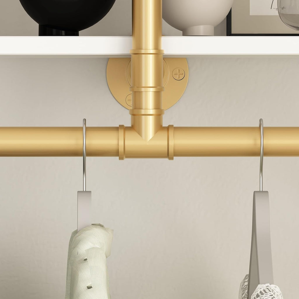 ORSENIGO Industrial Pipe Clothing Rack with Shelves, Gold Wall Mounted Clothes Rack Heavy Duty Display Garment Rack for Home Retail