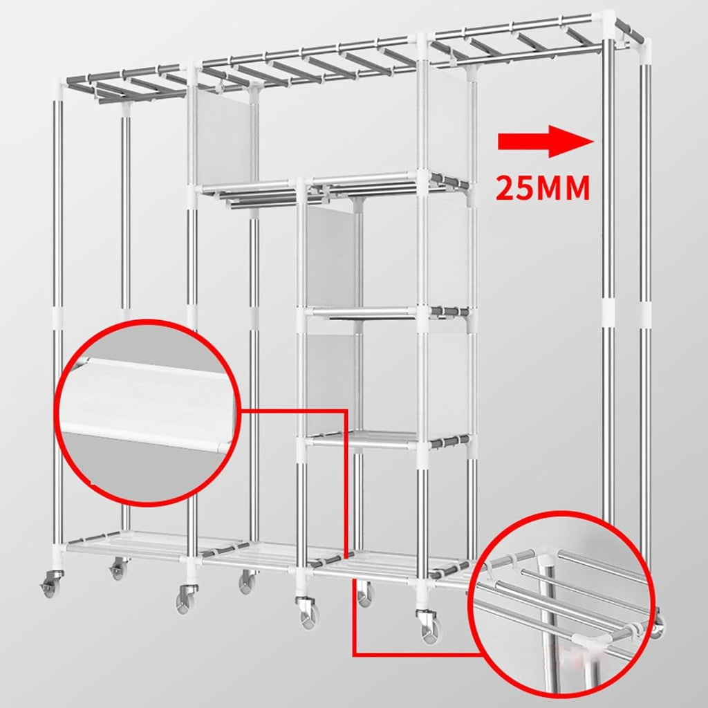 Closet Wardrobe with 360° Wheels 170cm Portable Closet for Bedroom Garment Rack with 2 Clothes Rail and Fabric Cover 6 Compartments (Color : B, Size : 200x45x170cm)