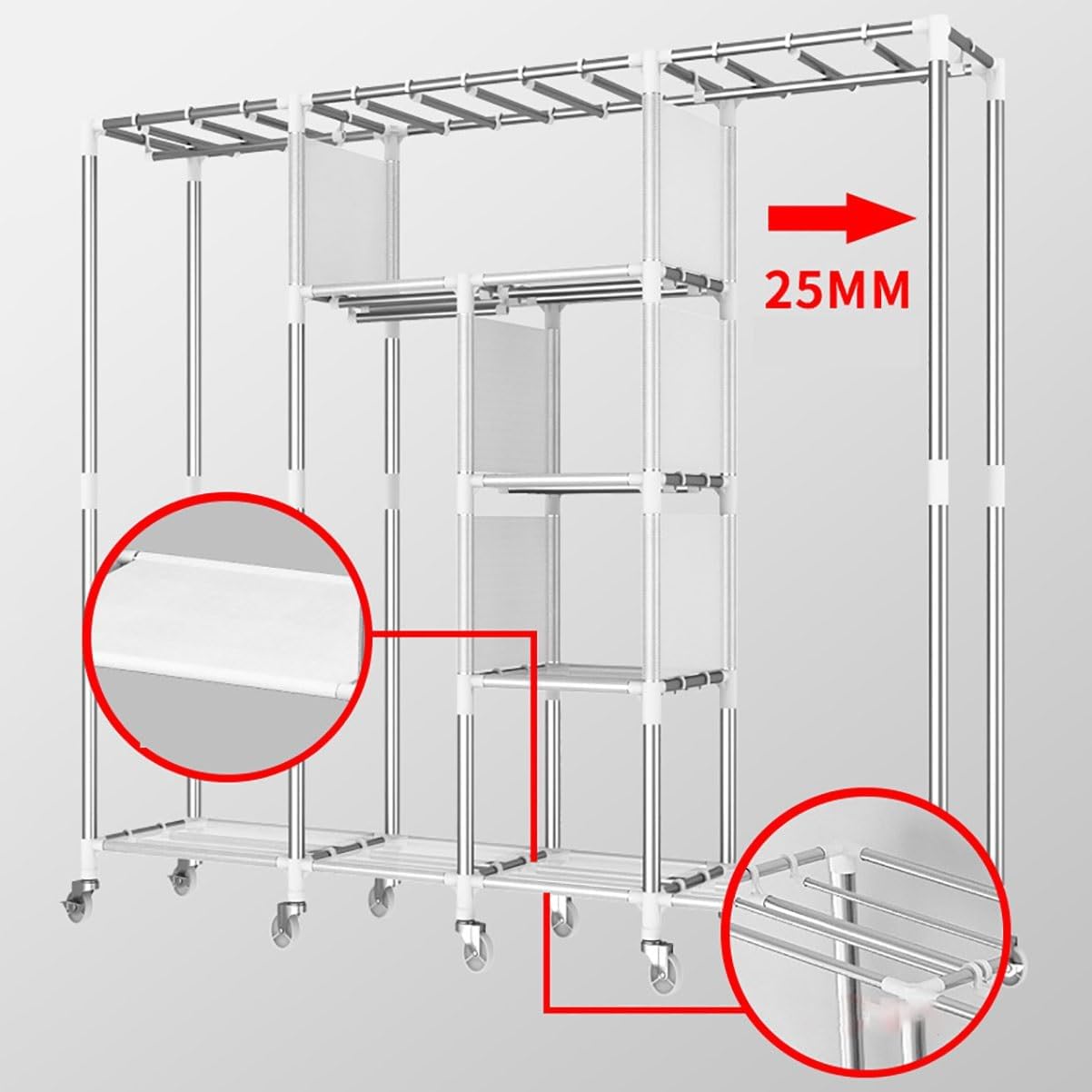 Closet Wardrobe with 360° Wheels 170cm Portable Closet for Bedroom Garment Rack with 2 Clothes Rail and Fabric Cover 6 Compartments (Color : B, Size : 200x45x170cm)
