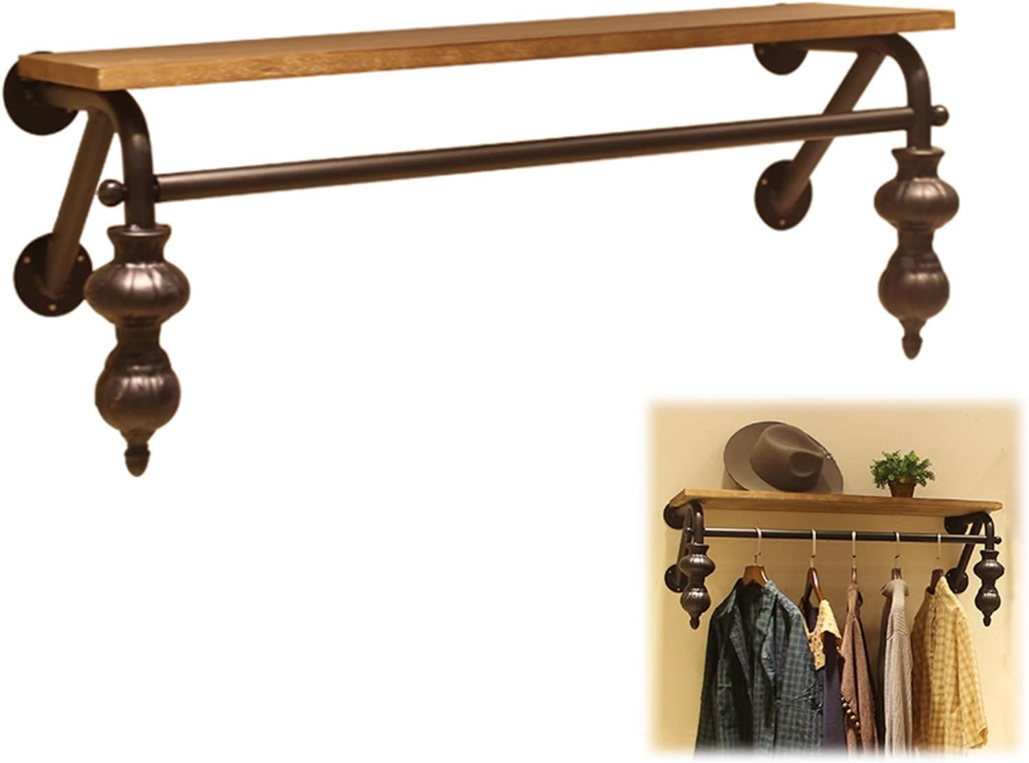 Wall Mounted Garment Rack,Floating Industrial Pipe Garment Rack,Clothes Hanger,Retail Display Garment Rack with Wooden Shelf,Sturdy Organizer,Sturdy Multifu(1-tier-100CM