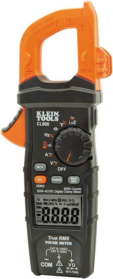 Klein Tools CL800 Digital Clamp Meter, Auto Ranging TRMS, AC/DC Volt/Current, LOZ, Continuity, Frequency, Capacitance, NCVT, Temp, More 1000V