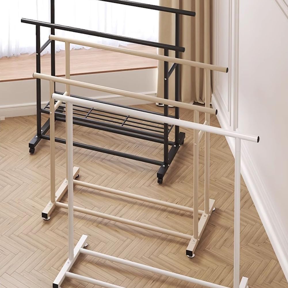 Double Rods Multi-Functional Bedroom Clothing Rack with 2-Tier Storage Shelf, Heavy Duty Metal Garment Rack for Hanging Clothes, Coats, Skirts, Shirts