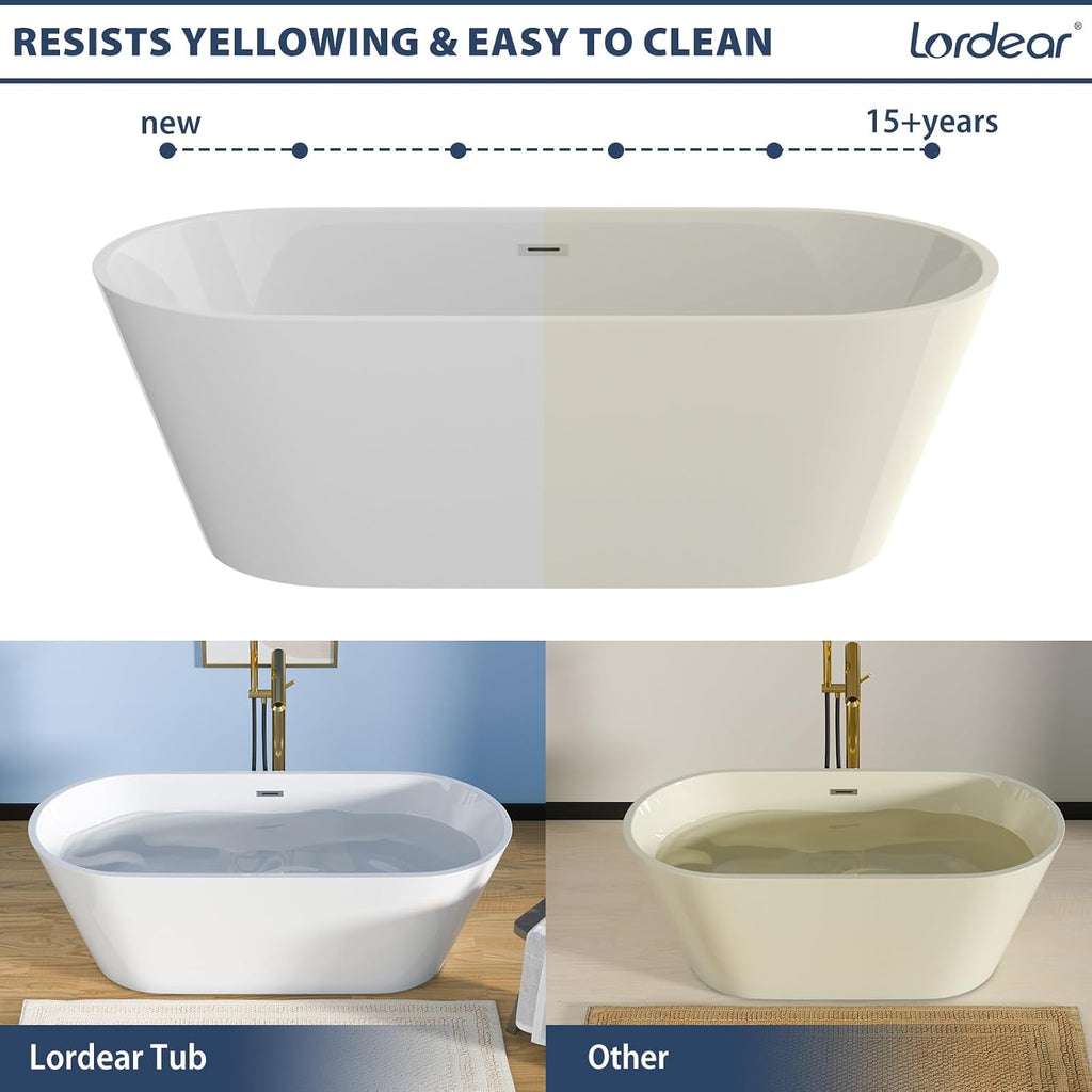 Lordear Freestanding Tub Soaking 67 Inch High Back Acrylic Stand Alone Bath Tub for Bathroom with Overflow and Drain #LTUB7109-67-B