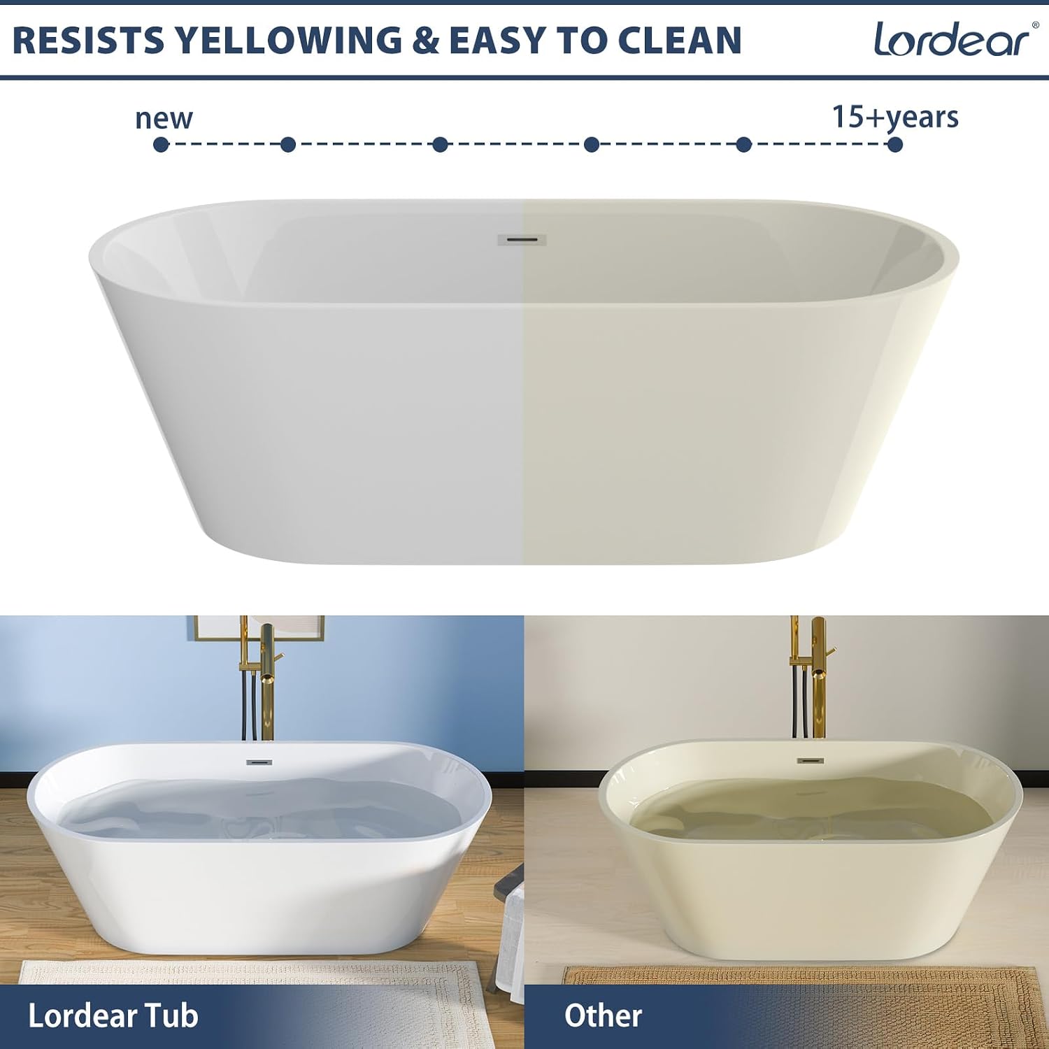 Lordear Freestanding Tub Soaking 67 Inch High Back Acrylic Stand Alone Bath Tub for Bathroom with Overflow and Drain #LTUB7109-67-C