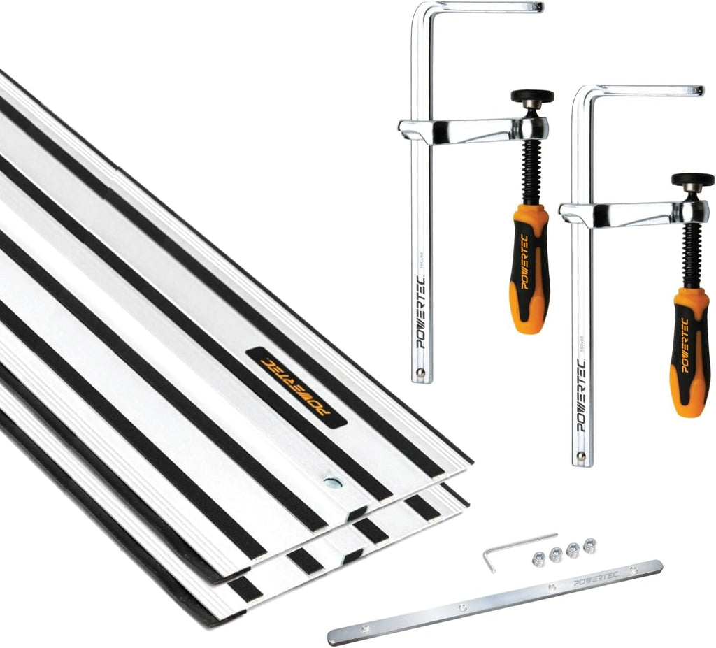 POWERTEC 110' Track Saw Guide Kit for DeWalt, Includes 2PK 55' Guide Rails, 1PK Guide Rail Connector, and 2PK 7' Track Saw Clamps (72059)