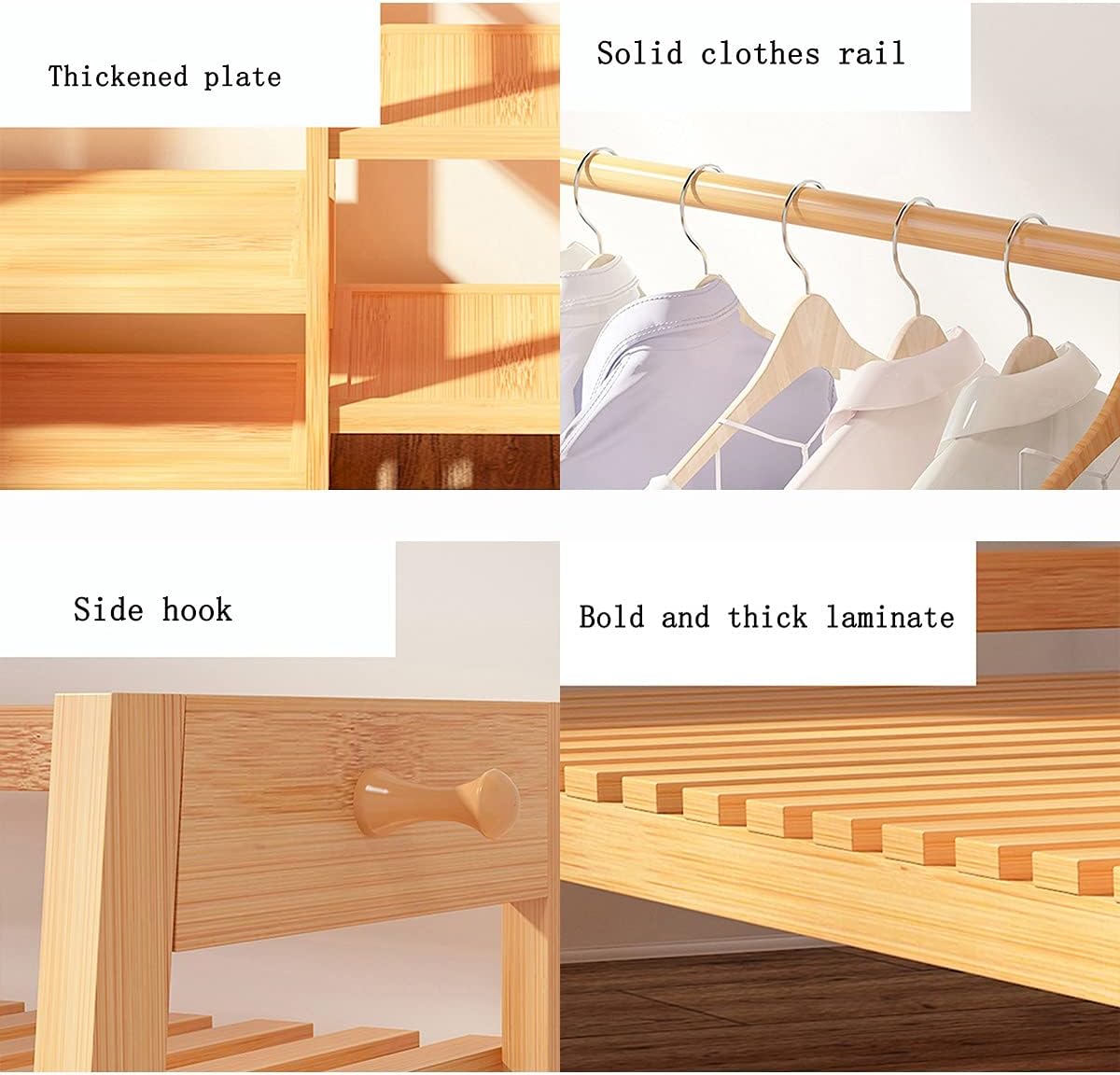 Wooden Clothing Garment Rack with Shelves, Heavy Duty Clothes Hanging Rails, Multifunctional Open Wardrobe for Bedroom and Living Room