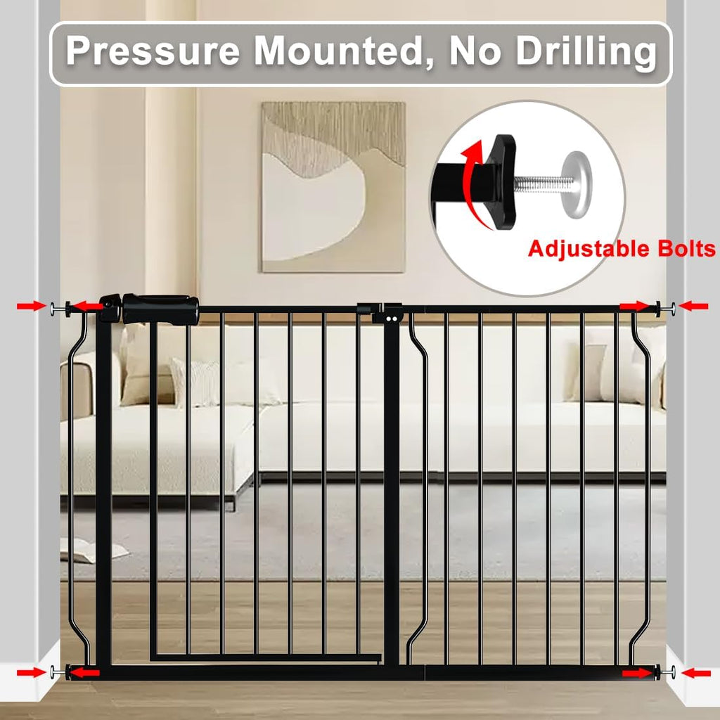 Fairy Baby Walk Through Baby Gate 43.5-48 Inch Wide for Stairs, Pressure Mounted Safety Gate with Door No Drill, Black Tension Metal Gate for Dog and Toddler