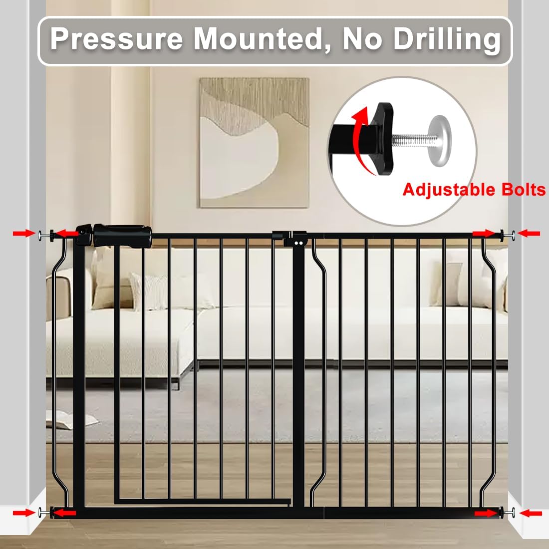 Fairy Baby Walk Through Baby Gate 43.5-48 Inch Wide for Stairs, Pressure Mounted Safety Gate with Door No Drill, Black Tension Metal Gate for Dog and Toddler