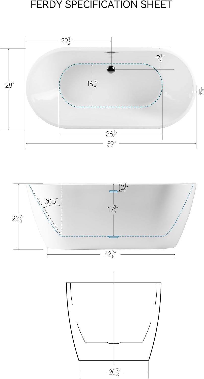 FerdY Bali 59' Acrylic Freestanding Bathtub,Gracefully Shaped Freestanding Soaking tub, Glossy White, cUPC Certified, Chrome Drain & Classic Slooted Overflow Assembly Included