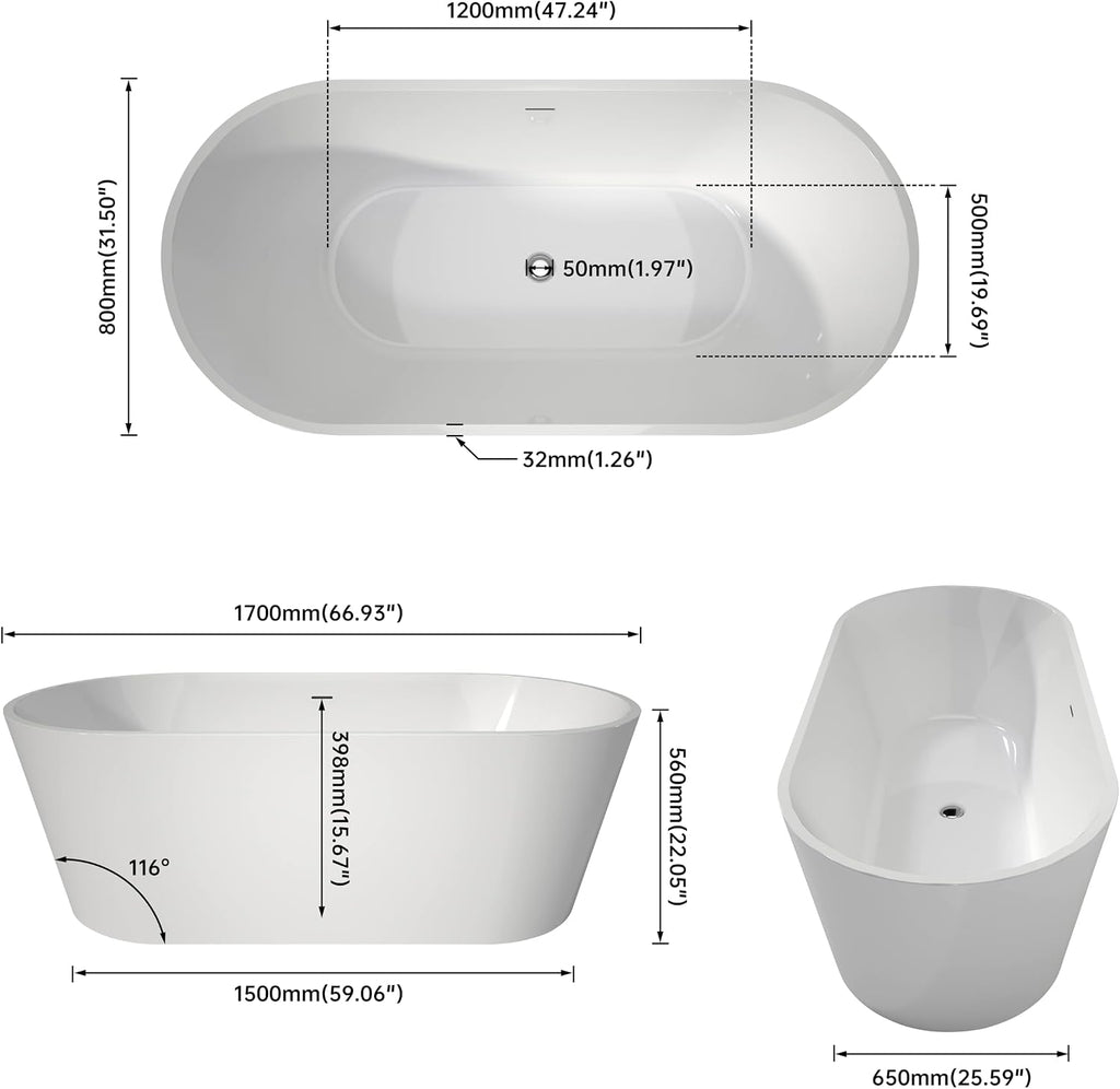 67' Upgrade Acrylic Free Standing soaker Bath tubs Stand Alone Tubs in White