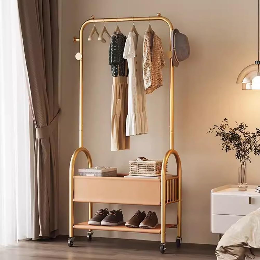 Rolling Clothes Rack with Storage Basket - 2-in-1 Garment Rack, Heavy-Duty Metal Clothing Rack on Wheels, with 2-Tier Shelves for Bedroom, Closet, Laundry(60x35x175cm)