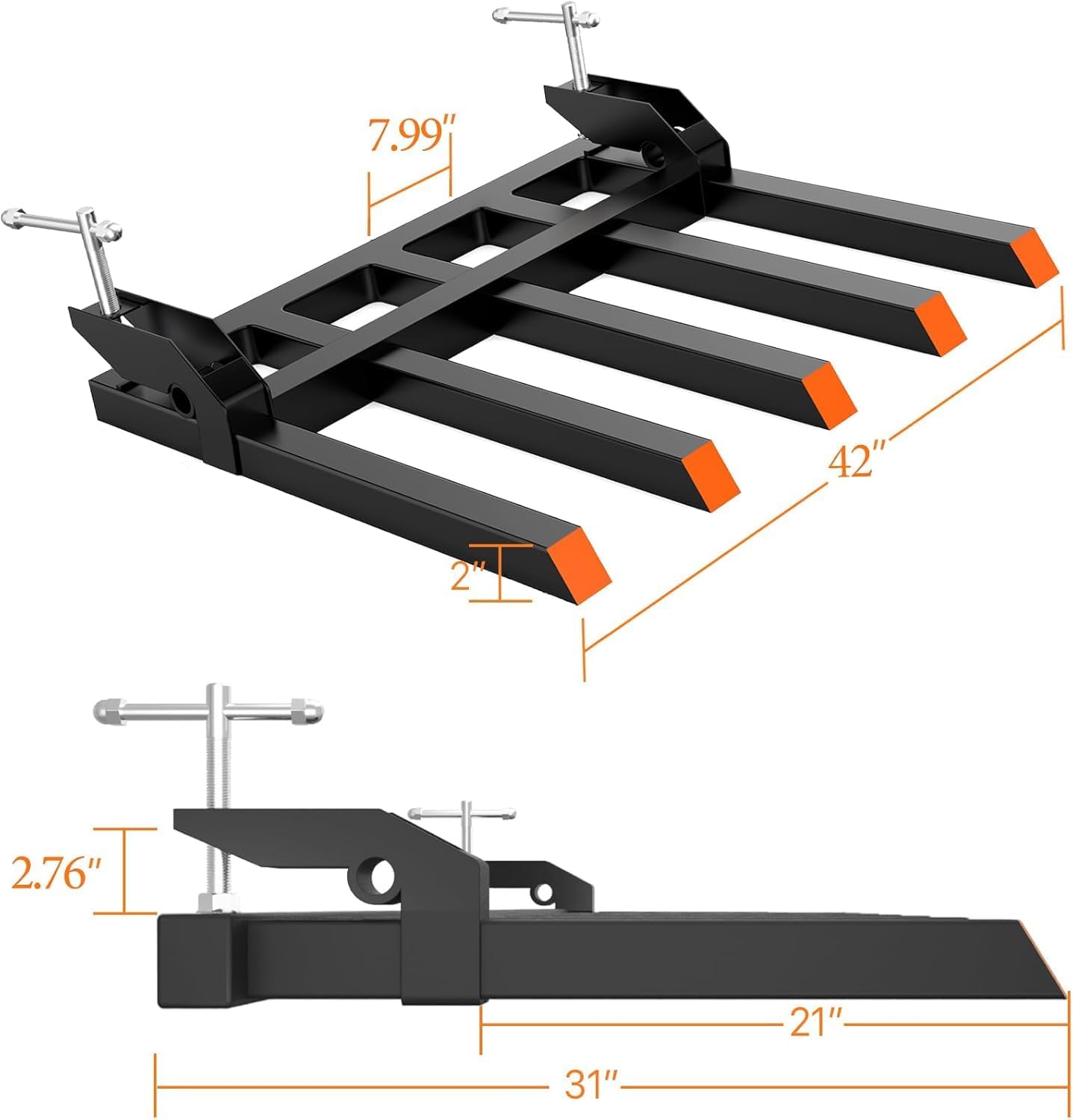 PeakPursuit 48' Bucket Clamp On Debris Forks, Heavy Duty 5 Fork Tines Clamp-On Pallet Attachments with 2500 LBS Capacity Fit for Tractor Bucket, Skid Steer Loader