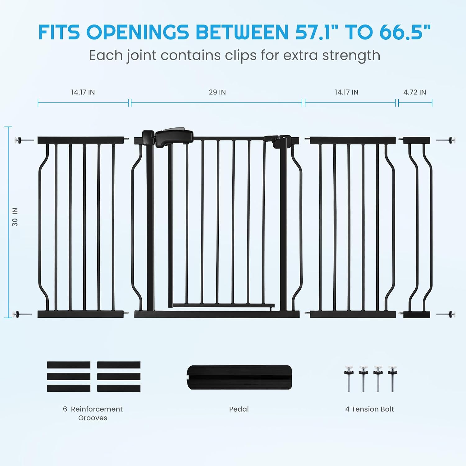 Extra Wide Baby Gate for Stairs Doorways with Door, 30' Tall 57.1-66.5' Wide Easy Install Dog Gate Indoor, Safety Metal Pressure Mounted Pet Gate with Walk-Thru Auto Close for the House, Black