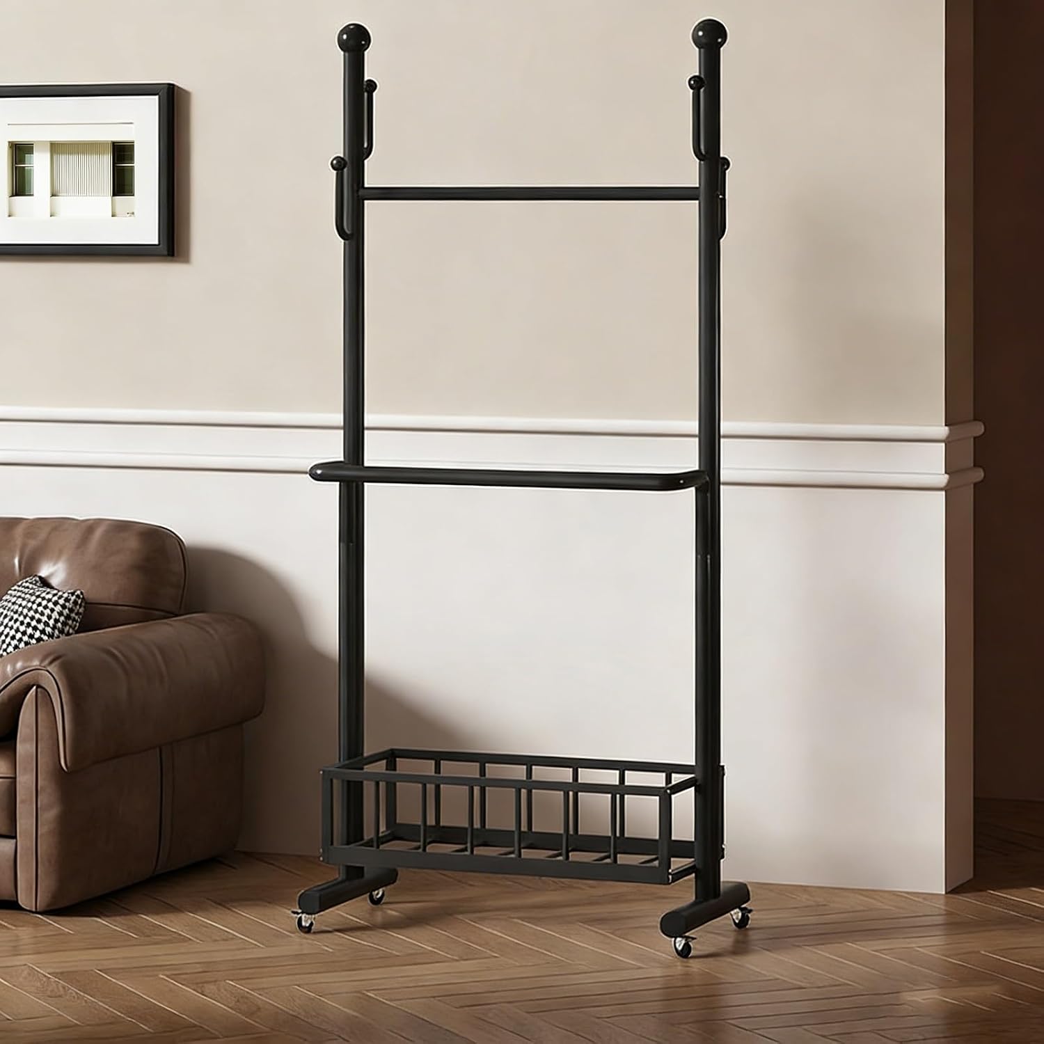 Metal Clothes Rack with Wheels,Garment Racks with Hooks & Storage basket,Rolling Clothing Rack for Hanging Clothes Portable Wardrobe Rack,Bedroom Living Room Organizer,Black/White(Black,60cm(23.6in))