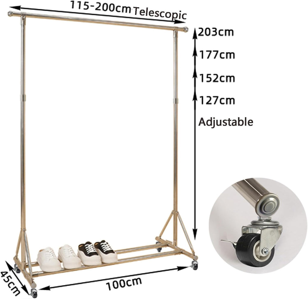 Heavy duty Garment rack 304 Stainless Steel Clothes Rail on Wheels, Extendable Hanging Rail Clothing Rack, Adjustable Height,90 kg Load Capacity, Easy Assembly,Portable Clothes Organizer, Silver