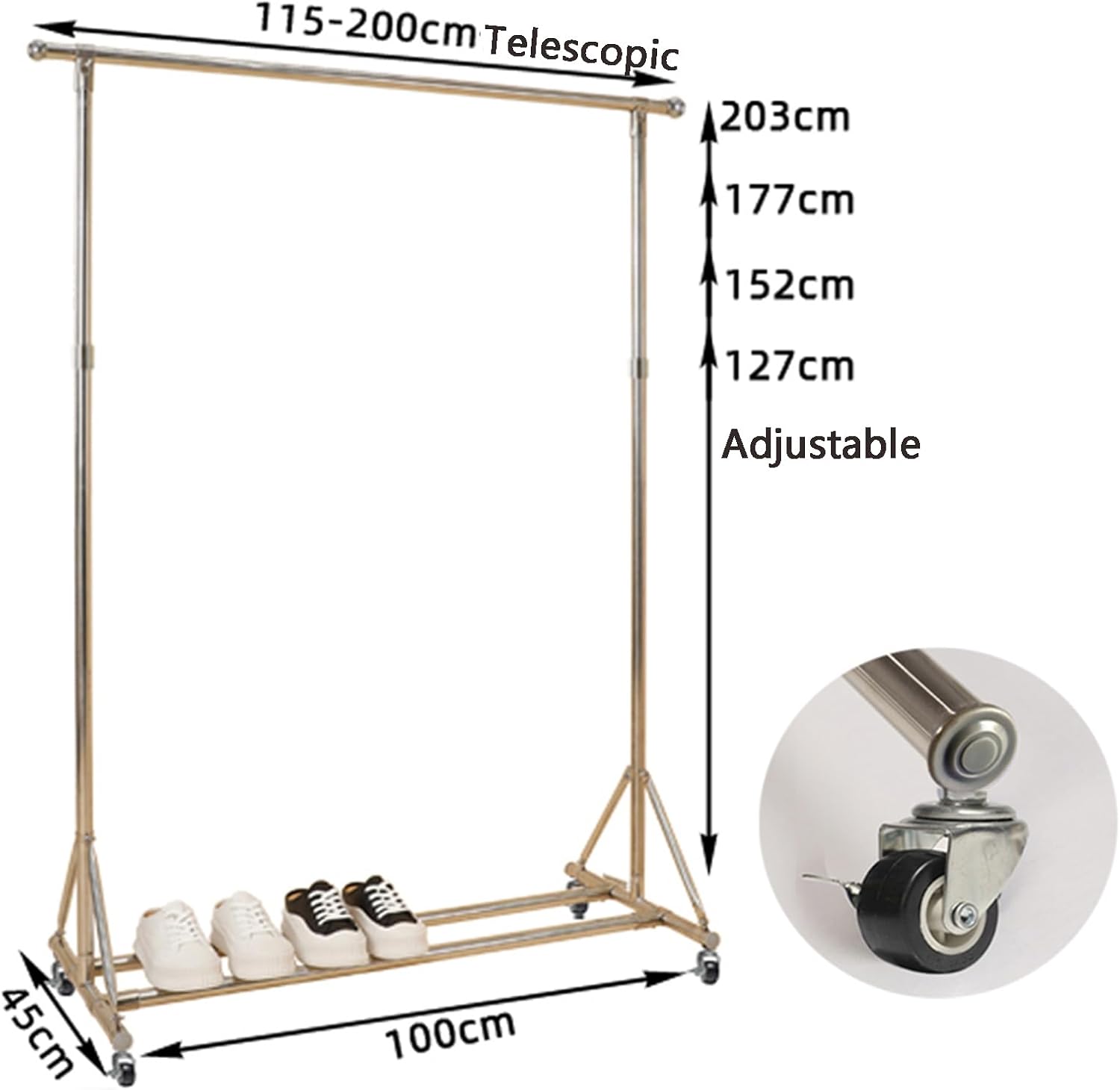 Heavy duty Garment rack 304 Stainless Steel Clothes Rail on Wheels, Extendable Hanging Rail Clothing Rack, Adjustable Height,90 kg Load Capacity, Easy Assembly,Portable Clothes Organizer, Silver