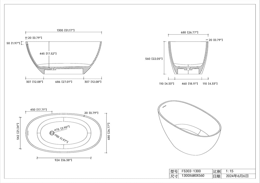 51' Freestanding Solid Surface Bathtub,Elegant Oval Design with Chrome Drain Luxurious Soaking Tub for Bathrooms, Stone Resin Freestanding Bathtub for Comfort,Matt White
