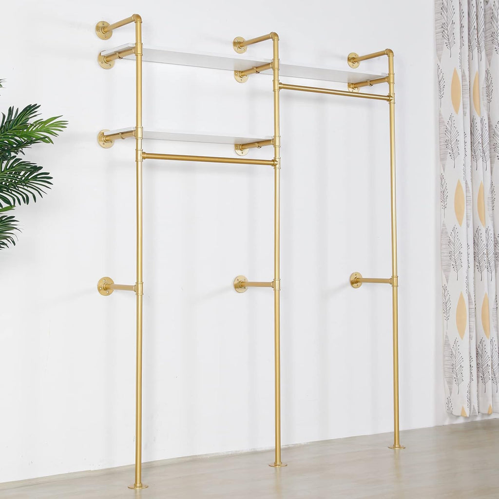Gold Industrial Pipe Clothing Rack - Wall Mounted Clothes Rack with 2 Hanging Rods & 2 Tier Shelves, Closet Organizers and Storage for Shop, Retail Display, Bedroom, 79.5 x 59in