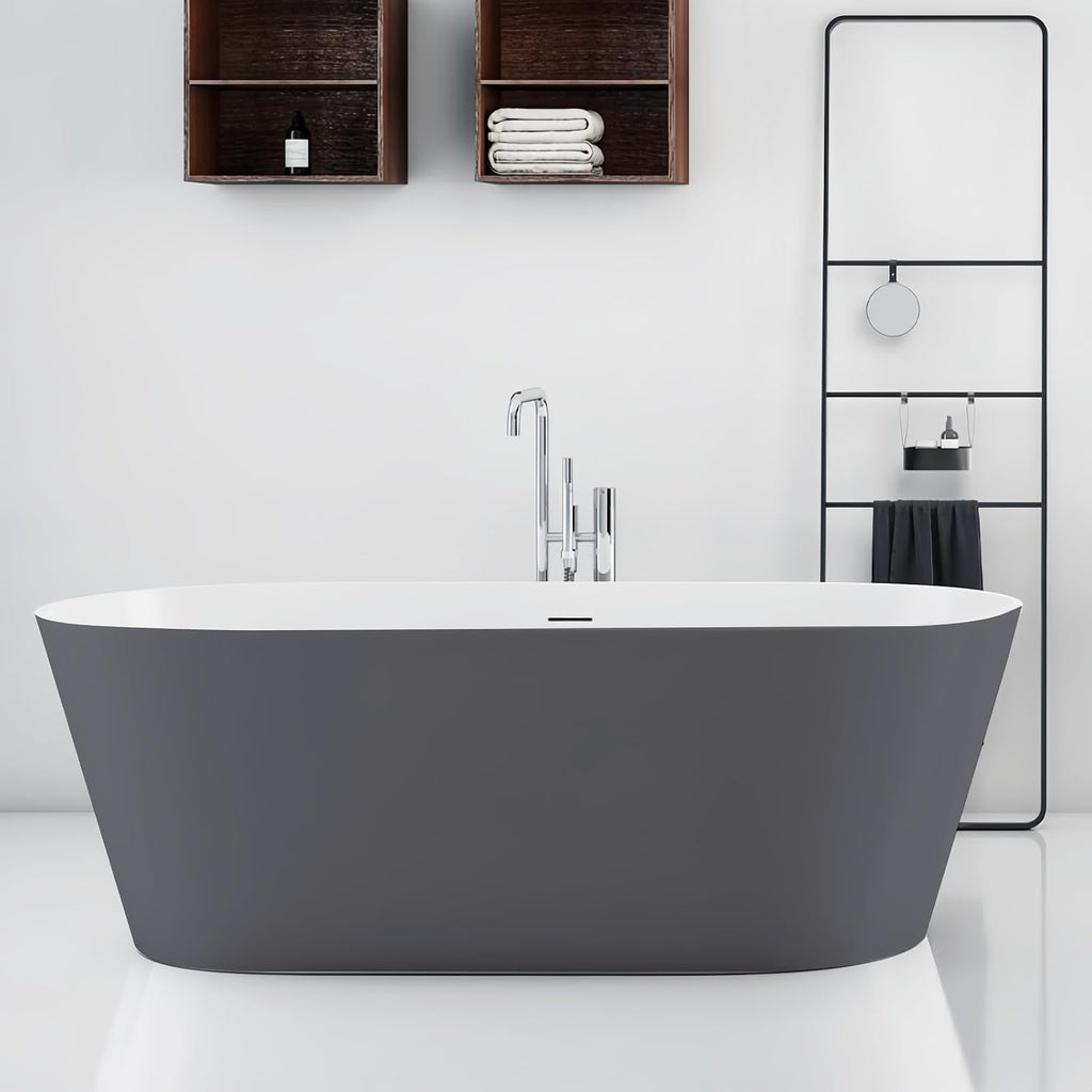 63' Edeyeu Freestanding Bathtub – Color Solid Surface Bathtub With Modern Finish, Extra Deep Soaking Tub, Luxury Stand Alone Free Standing Tub For Contemporary Bathroom Design Gray A