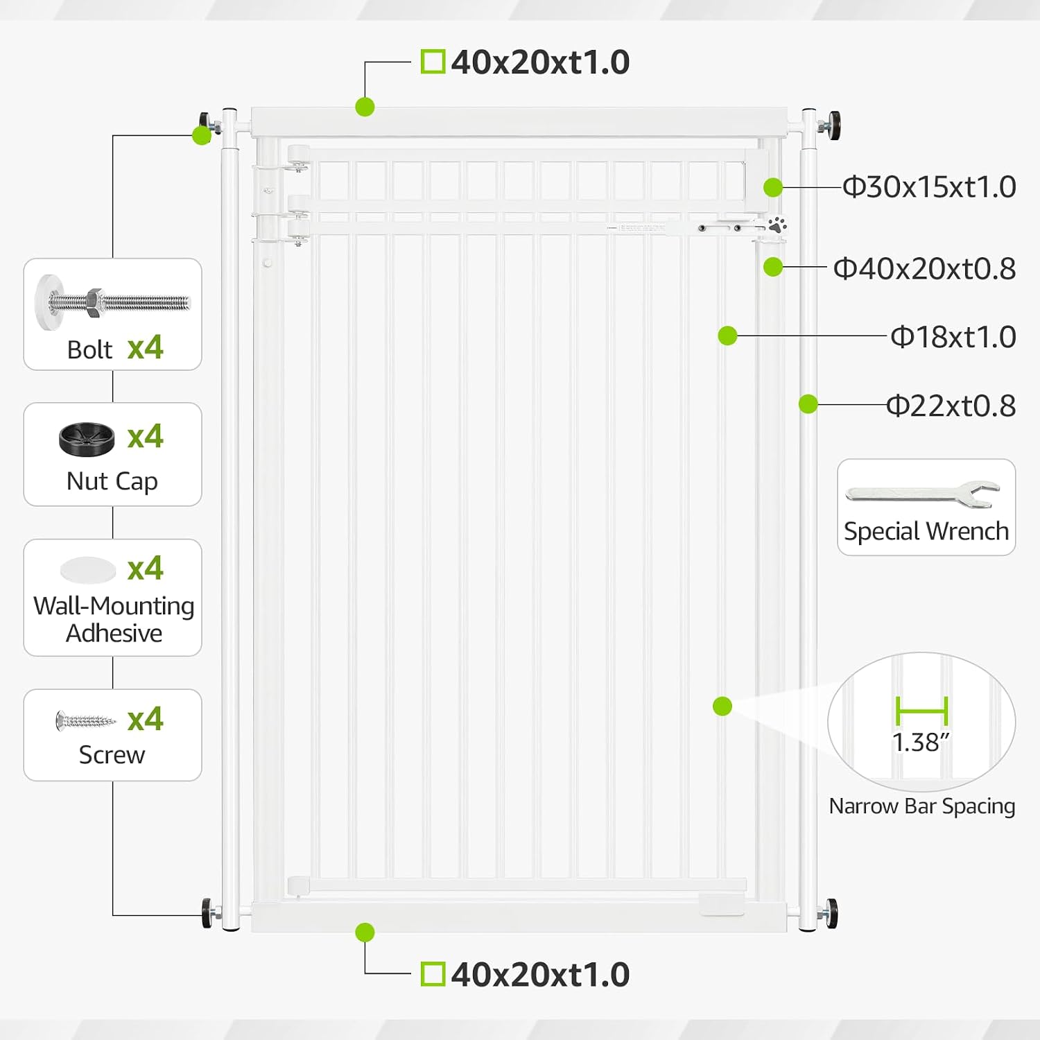 78.8' Extra Tall Cat Gate, 28.3-33' Wide Safety Metal Cat Door, Pressure Mounted Easy Walk Through Pet Gate with Door for Stairs, Doorways (White)